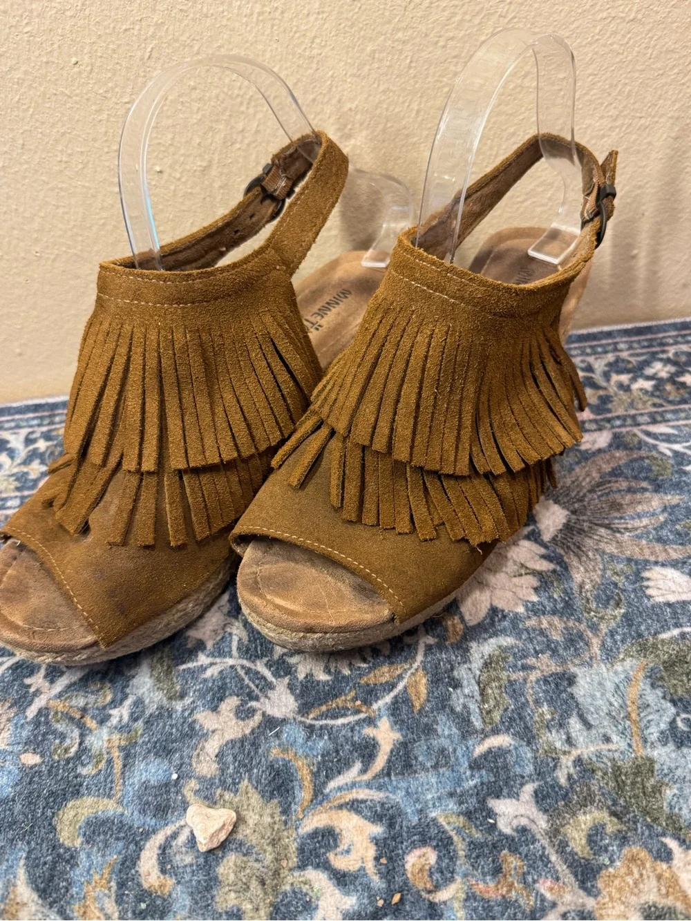 Minnetonka Suede Fringe Espadrille Wedges in Tan Brown